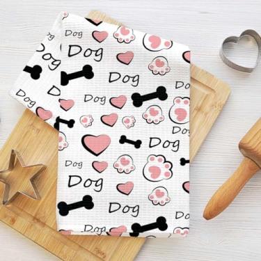 Imagem de Toalhas de cozinha adoráveis com coração de pata de cachorro 61 x 35 cm, toalha de prato decorativa de microfibra absorvente, toalhas de mão de waffle para cozinha, casa, banheiro, presentes para