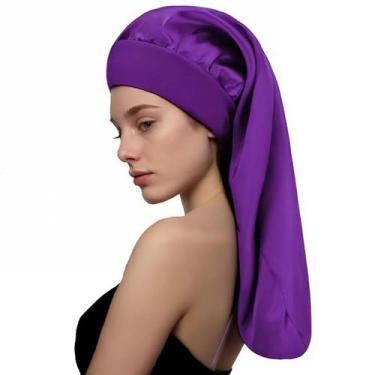 Imagem de Touca de dormir longa para cabelos cacheados lisos, capôs de cabelo extragrande para dreadlo e tranças, bonés de dormir de cetim para mulheres - acessórios de banheiro - proteção UV (roxo)