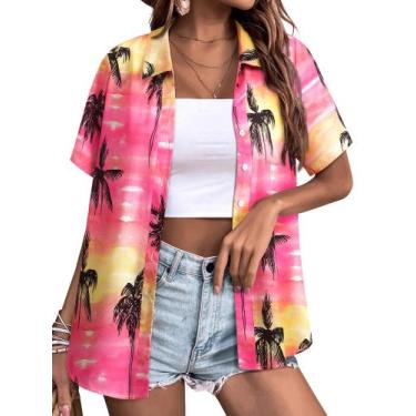 Imagem de Camisetas havaianas femininas com botões, manga curta, estampa floral,