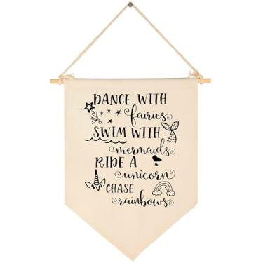 Imagem de Dance With Fairies, Swim With Mermaids, Ride A Unicorn, Chase Rainbows, banner de lona para pendurar, placa de parede para decoração de presente para bebês, crianças, berçário, quarto de adolescente, porta da frente
