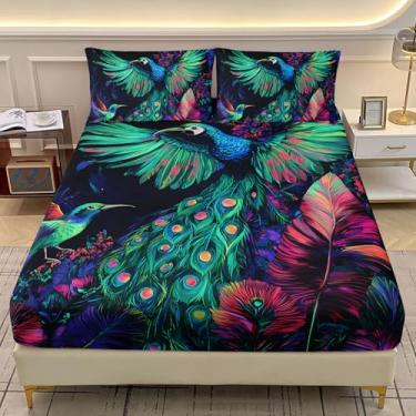 Imagem de AILONEN Jogo de lençol solteiro de pavão GG, lindo pavão para meninas e mulheres, aquarela, pássaro, animal, lençol com elástico alto, 2 fronhas, 3 peças