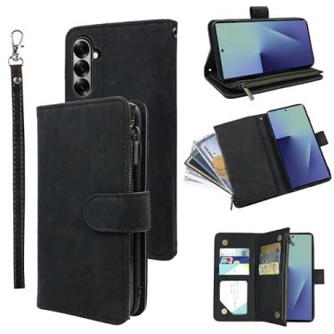 Imagem de Dibosom Capa carteira para Samsung Galaxy Z Fold 7 com cordão de pulso e couro vintage premium flip porta-cartão de crédito acessórios capa de celular para ZFold Z7 G Fold7 7Z mulheres homens preto
