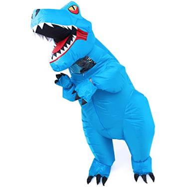 Imagem de Mahoon Fantasia inflável de dinossauro adulto T-Rex fantasia de Halloween traje de dinossauro macacão unissex interior exterior festa cosplay fantasias azul