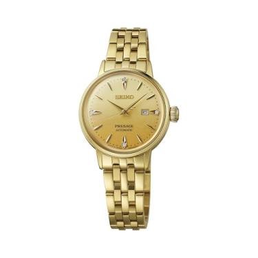 Imagem de SEIKO SRE018 Presage Relógio feminino para coquetel, mostrador dourado, marcadores de diamante, movimento automático, resistente à água até 50 m