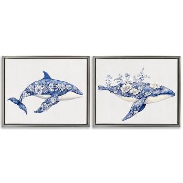 Imagem de Stupell Industries Conjunto de tela flutuante com moldura marrom de baleias com estampa de vaso sanitário florescendo, design por Lettered and Lined, 43 x 53 cm