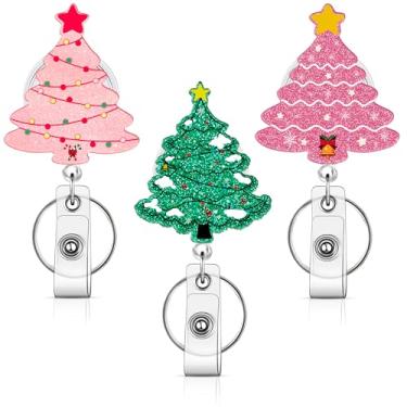 Imagem de Carretel de crachá de inverno, retrátil, carretel de crachá de enfermeira com glitter, carretéis de crachá de férias fofos de acrílico com clipe jacaré para enfermeiras e médicos de escritório (árvore
