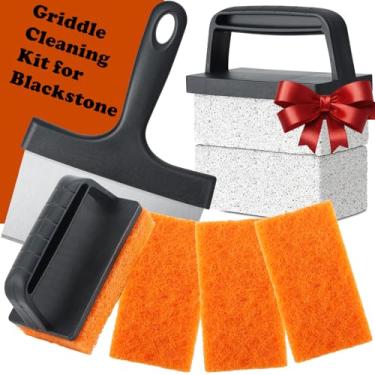 Imagem de Whaleme Kit de limpeza de chapa para Blackstone - Kit de limpeza de grelha de topo plano com tijolo de grelha, raspador de chapa e escova de grelha, kit de acessórios de chapa para remover manchas