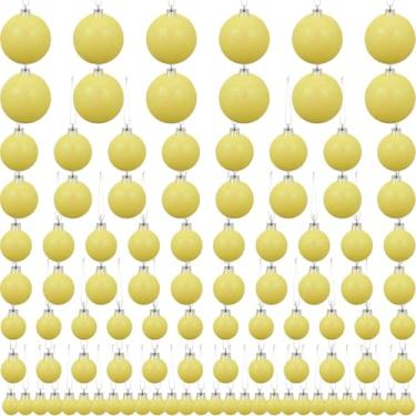 Imagem de 100 peças, 5 tamanhos, enfeites de bola de Natal amarela com glitter, árvore de Natal inquebrável, com laço para pendurar e corda, bola decorativa de Natal para decoração de guirlanda de guirlanda de