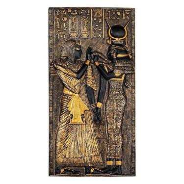 Imagem de Design Toscano Escultura de parede de estela do templo Ísis Diety egípcia, 12,7 cm de largura, 25,4 cm de altura, resina de pedra fundida, acabamento preto e dourado