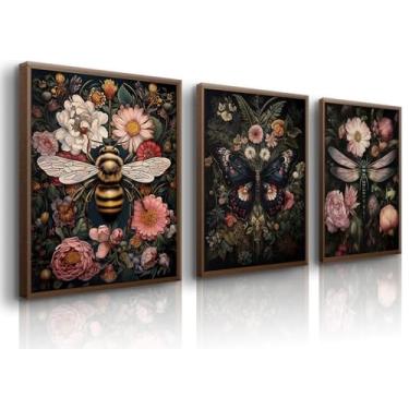 Imagem de 3 peças de arte de parede floral libélula e abelha gótica escura inseto e planta, decoração de parede, pôsteres escuros, preppy, impressão em tela, quadro para banheiro, quarto, 30,5 x 40,64 cm, sem