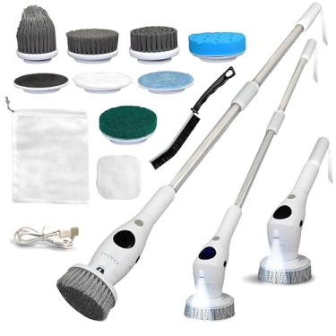 Imagem de KARAMII Esfregador giratório elétrico, escova elétrica sem fio com 8 cabeças multifuncionais, 3 velocidades ajustáveis, à prova d'água IPX7, tela de LED, cabo longo (35 a 129 cm), perfeito para