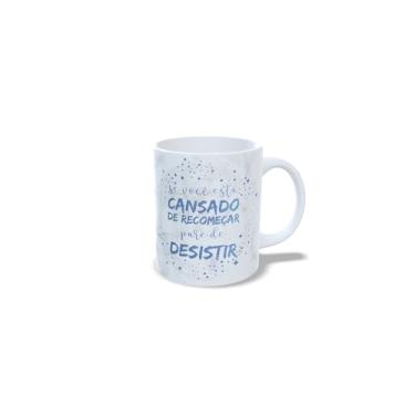 Imagem de Caneca de Cerâmica Branca com Mensagem Motivacional, Decorativa, Geométrica, 325ml, Design com Letras e Estrelas em Azul (b)
