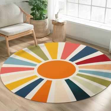 Imagem de Boho Sun Tapete redondo de 1,2 m, lavável à máquina, colorido, arco-íris, sol, redondo, antiderrapante, pêlo baixo, tapete para sala de estar, quarto, cozinha, sala de jantar, entrada