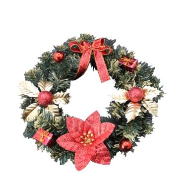 Imagem de Guirlanda Natalina Decorativa, 30x30 cm, com Folhagem Verde, Flores, Laço, Bolas e Presentes, em Cores Vermelho, Champagne e Dourado (Vermelho)