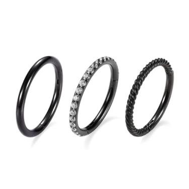 Imagem de AROWRO Anéis de nariz, 3 peças, piercing de concha, brincos de cartilagem de aço cirúrgico para mulheres e homens, 16G, 12 mm, anéis de septo pretos com hélice CZ Daith Rook Tragus Piercing Jewelry