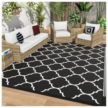 Imagem de SPXMQSS Tapetes para ambientes externos para jardim, tapete lavável antiderrapante reversível de plástico dobrável para acampamento, deck, praia, piquenique - preto 120 x 183 cm