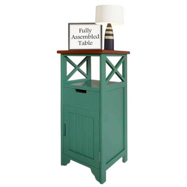 Imagem de BECTSBEFF Mesa de canto de 76 cm de altura, armário de banheiro totalmente montado com prateleira e armazenamento, mesa de cabeceira sem montagem com gaveta para quarto, marrom e verde