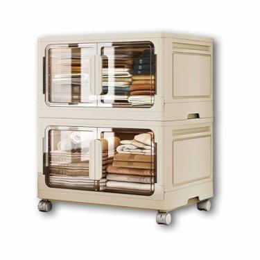 Imagem de SPXMQSS Caixa de armazenamento de plástico com tampa, caixa de armazenamento dobrável com tampa e rodas, caixas de armazenamento empilháveis com porta de abertura frontal, recipiente de armazenamento