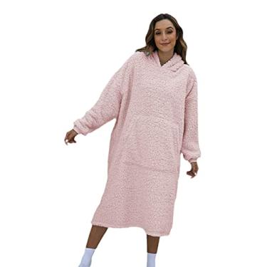Imagem de SPXMQSS Roupões de banho para mulheres, roupão de banho feminino felpudo de algodão dupla face com capuz casual plus comprimento, roupão de banho feminino absorvente de água macio e amigo da pele rosa
