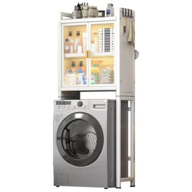 Imagem de SPXMQSS Unidade de armazenamento para máquina de lavar, armazenamento sobre vaso sanitário com porta, economia de espaço de banheiro independente com prateleira ajustável prateleira de armazenamento