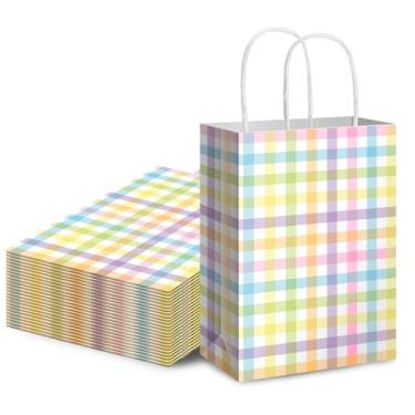 Imagem de Paterr 24 peças de sacos de presente de papel xadrez pastel para colorir de Páscoa, sacolas de lembrancinhas de festa quadriculadas com alças para festas de primavera, chás de bebê pastel