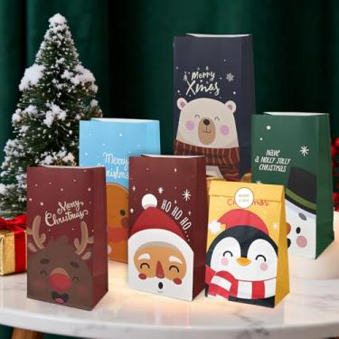 Imagem de 12 sacos de papel kraft de Natal com adesivos de vedação, 21 cm x 12 cm × 3,5 cm, lindos sacos de papel marrom para uso em festas de Natal, sacos de biscoitos e decorações de férias (coloridos)