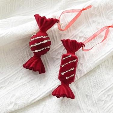 Imagem de 1 peça de enfeite de árvore de Natal de veludo vermelho, guirlanda flocada vermelha, laço, floco de neve, borboleta, doces, vários tipos para escolher