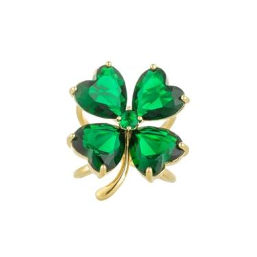 Imagem de Kokoma Broche de anel de trevo de quatro folhas de cristal verde para mulheres, zircônia cúbica floral lenço de seda clipe cachecóis anel fivela xale broche acessório joia para o dia de São Patrício