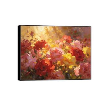 Imagem de BMZFYBS Pintura de arte de parede de flores - imagem de decoração vintage - rosas vermelhas e amarelas - impressões em tela de moldura preta para sala de estar 30 x 40 cm 12 x 16 pol