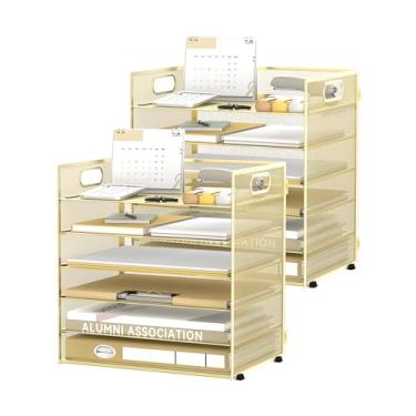 Imagem de Daltack Organizador de papel de 6 camadas para mesa, organizador de bandeja de papel para mesa, organizadores de arquivos de mesa de malha com alça para escritório, casa, escola, dourado, pacote com 2