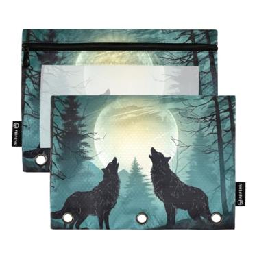 Imagem de Wassud Bolsa de lápis para fichário de 3 anéis, bolsa de lápis transparente lobos olhando para a lua bolsa de zíper lisa estojo de lápis padrão pacote com 2