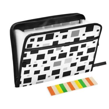 Imagem de Wassud Acordeão quadrado preto e branco organizador de arquivos carta a4 pastas de arquivo de papel organizador de documentos fólio com etiquetas pasta de arquivo expansível 13 bolsos