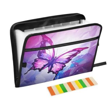 Imagem de Wassud Borboleta abstrata roxa com 13 bolsos, organizador de arquivos sanfonados, pastas expansíveis com abas e adesivos, organizador de pastas de documentos de recibo de papel tamanho carta A4 para