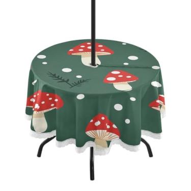 Imagem de CEBUGI Toalha de mesa redonda para uso ao ar livre, padrão de cogumelo, impermeável, com furo Umberlla, capa de mesa lavável para pátio, cozinha, sala de jantar, 152 cm
