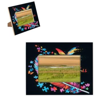 Imagem de hongjinglin Porta-retrato de 10 x 15 cm, moldura colorida de penas de madeira para autismo, com tapete para parede e mesa, para decoração de casa e amigos da família, ideias de presente de casamento