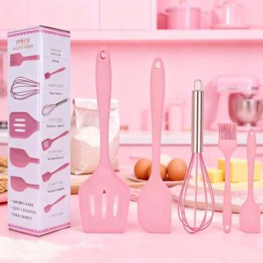 Imagem de Conjunto de 5 espátulas de silicone para assar, utensílios de cozinha resistentes ao calor com design antiaderente, ferramentas de cozinha e mistura em rosa para uso na cozinha