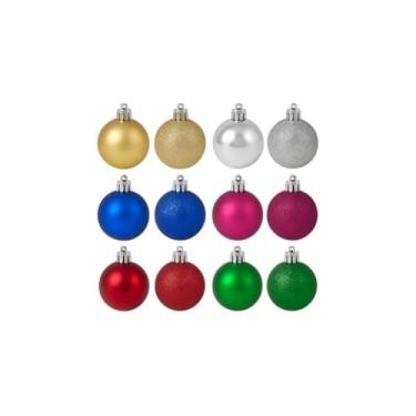 Imagem de Kit com 30 Bolinhas Texturizadas de Natal, 6cm, Azul, Polipropileno, 4 Texturas Diferentes, com Cordinha 17cm, para Árvore de Natal