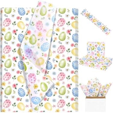 Imagem de 100 folhas de papel de seda de Páscoa para embrulho de presente colorido ovos de páscoa flores papel de seda impresso para sacos de presente lenços decorativos para festa de Páscoa feliz artesanato