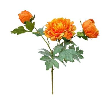 Imagem de CWPJUNDGP Flores artificiais de peônia realista, buquê de peônia luxuoso de seda/plástico com 4 cabeças (62 cm), pacote com 2/4 cores mistas (vermelho/rosa/laranja) para decoração de vaso de sala de