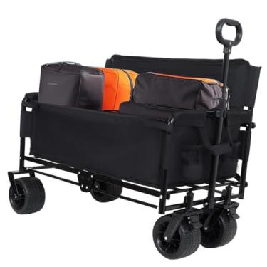 Imagem de Carrinho de carroça dobrável conversível com banco e armazenamento de 226 kg vagão utilitário resistente, rodas todo-o-terreno com capacidade de 180 L para acampamento, praia (preto)