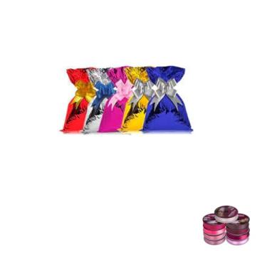 Imagem de Kit Saco Metalizado 10x15 50un Com Fita Cetim Rolo 22mm X 50mts