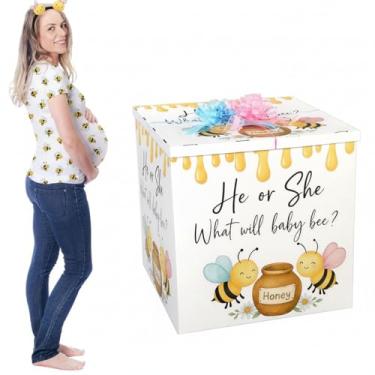 Imagem de AmazingSpark Kit de caixa de presente jumbo reveladora de gênero de 71 cm com caixa grande e laços gigantes para decoração de festa de aniversário de chá de bebê (What Will Baby Bee)