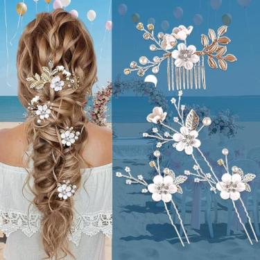 Imagem de 4 peças/conjunto de grampos de cabelo de casamento flor de cristal pérola grampos de cabelo acessórios de cabelo de casamento com strass para noivas damas de honra (branco)