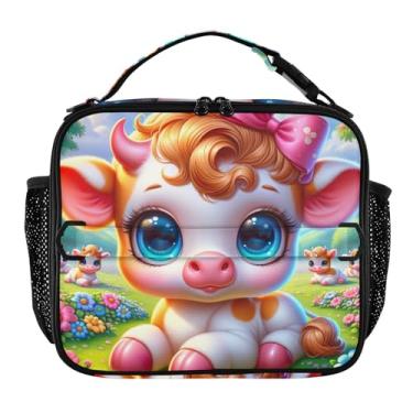 Imagem de Joisal Lancheira fofa rosa vaca meninas mulheres lancheira crianças homens lancheira para trabalho bolsa térmica macia isolada com alça de ombro ajustável