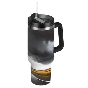 Imagem de Joisal Tornado Road Storm Tumblers com tampa e canudo garrafas de água de aço inoxidável isolado 1,134 g copo com alça rosa copo fofo para quente e frio