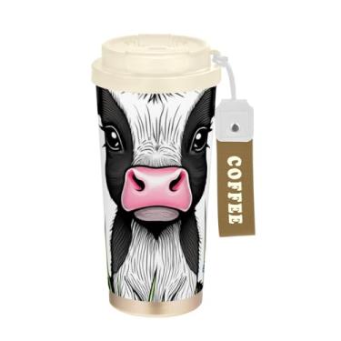 Imagem de TSENQUE Copo de café de viagem de 473 ml com tampa de canudo e filp, revestimento cerâmico, isolamento a vácuo, aço inoxidável, copo de café à prova de vazamento, branco preto bonito vaca Highland