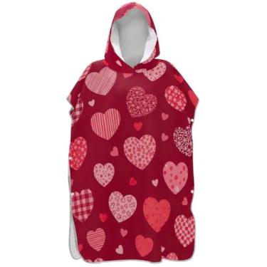 Imagem de Joisal Roupão para adultos poncho de surfe praia moletom com capuz toalha de natação plus size corações vermelhos homens mulheres poncho com capuz