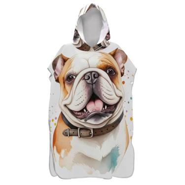 Imagem de Roupão absorvente para trocador de poncho de surfe para banho de praia Adul toalhas com capuz bonito desenho animado buldogue cachorro ponchos de praia para homens