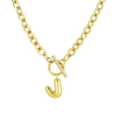 Imagem de Fiiuos Colar com inicial para mulheres, banhado a ouro 18 K, delicada, com pingente de letra bolha personalizada, corrente de elos grossos de clipe de papel com fecho de botão minimalista, joias de