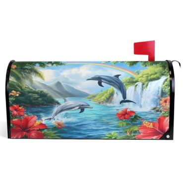Imagem de TSENQUE Capas decorativas para caixas de correio magnéticas, golfinhos, arco-íris, cachoeira, vinil, caixa de correio, decorações modernas, de inverno, tamanho grande, 64,5 x 52,8 cm